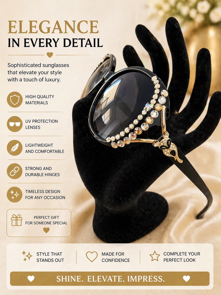 Crystal-Embellished Black Sunglasses - Elegance Collection